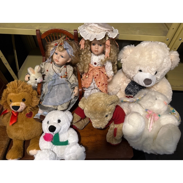 Porcelain Pair of Dolls (Largest 17T), Doll Rocking Chair & Box of Stuffies 