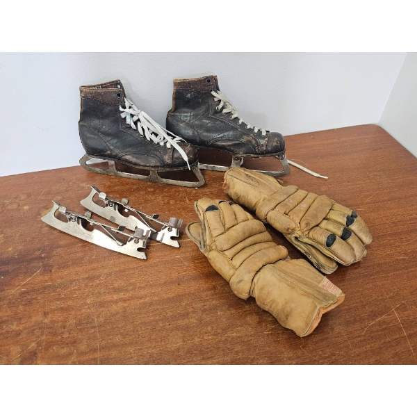 Vintage Ice Skates, Blade Attachments, and Leather Gloves Bundle