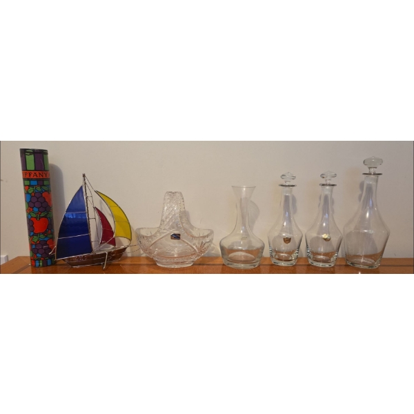 Adorable Metal and Stained Glass Boat, Crystal (Tallest 12T), 'Tiffany Crystal Matches' 