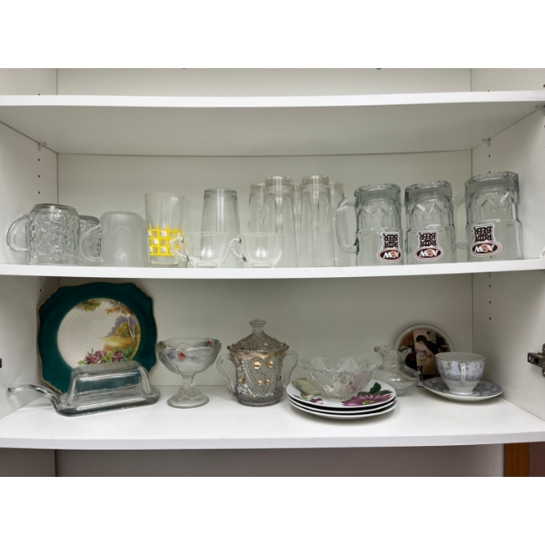 Variety of vintage glassware, plates and dishes, plus vintage crystal butter dish. 