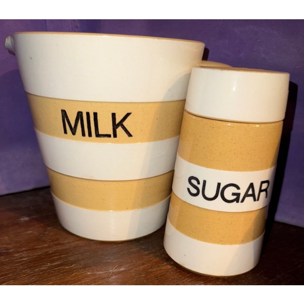 Vintage TG.Green Cornishware Milk Jug & Sugar Sprinkler-Yellow & White Stripes