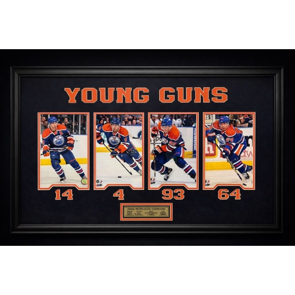 This is a framed Edmonton Oilers "Young Guns" photo collage, a collectible item featuring players in
