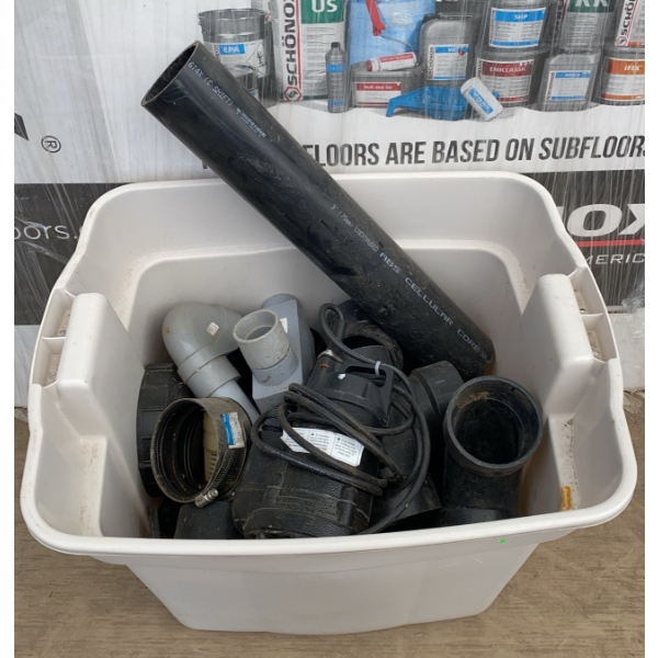 Tub of PVC Drain Fittings and Pump with Miscellaneous Parts
