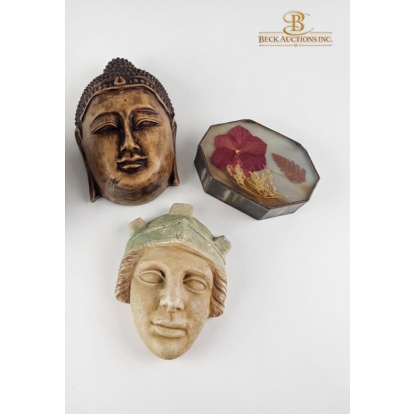 Buddha Head, Sculptural Mask, Trinket Box Lided Pressed Flowers And Leaves