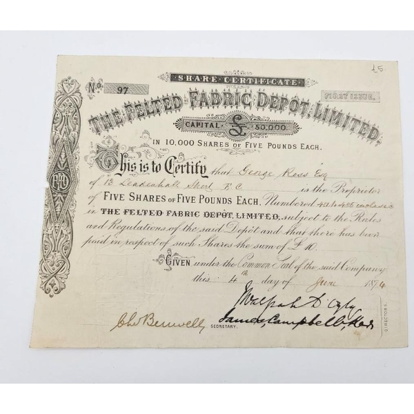 Collectible Vintage Share Certificate For "The Felted Fabric Depot, Limited". 8''*9''INCHES.