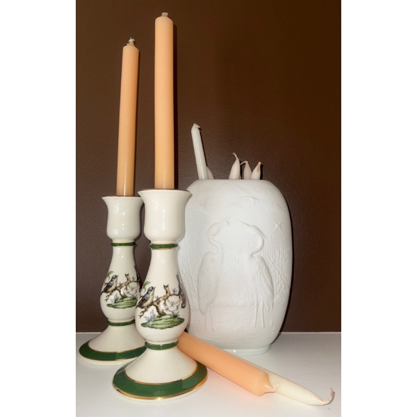 Kaiser Bisque Oblong Vase w/ 2 Italian Porcelain Candlestick Holders & Premium Wax Candles 