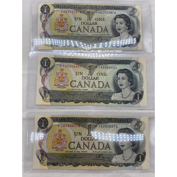 3 Canadian 1973 $1.00 Bills Prefix *AN *FA *IA