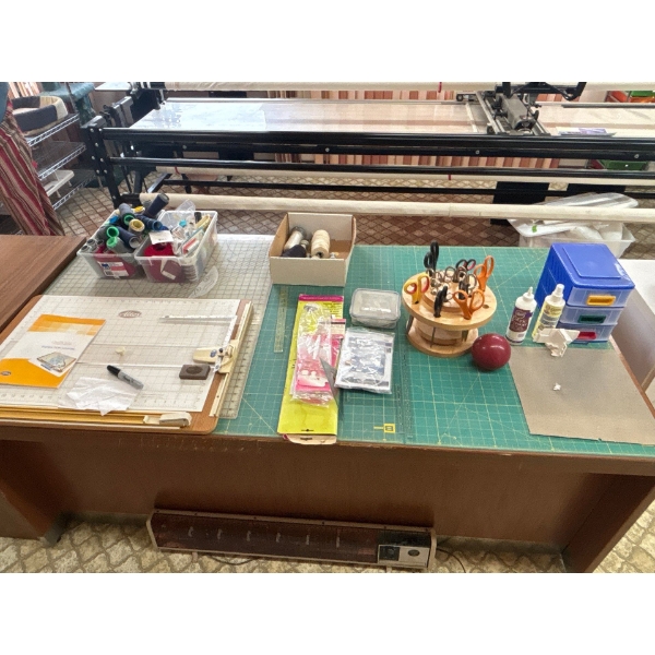  fabric, cutting board with solid wood table with fabric, cutting grids and several pairs of scissor