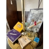 Image 2 : vintage brass floor lamp with an attached round shelf. Assortment of vintage cigarette boxes