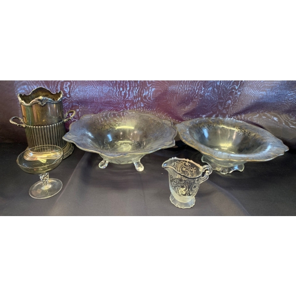 Silver Etched Glassware w/ Pewter Urn