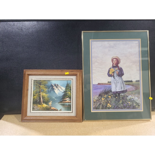 Mountain Scene Painting 15 X 13, Signature Illegible and Anne of Green Gables Print 7 X 22