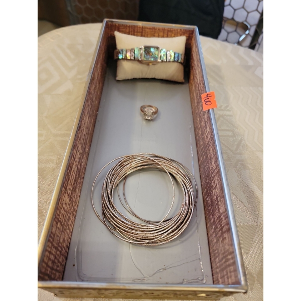 Stamped 925 Ring, Mother of Pearl Quartz Watch, Bangles, 