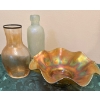 Image 2 : Iridescent Carnival Glass Ruffled Bowl, Decanter & Frosted Bottle-Marigold Carnival Gls