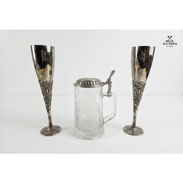 Godinger Silver Plate Champagne Flutes 9.5''INCHES H, Vintage German Glass Beer Stein 6''INCHES IN H