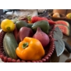 Image 6 : Marble fruits and vegetables, basket with plastic vegetables, chili pepper dish, and a vintage clay 