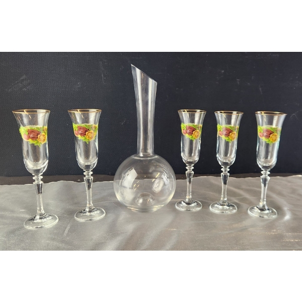 Glass Decanter Set with Floral Designed Champagne Flutes 
