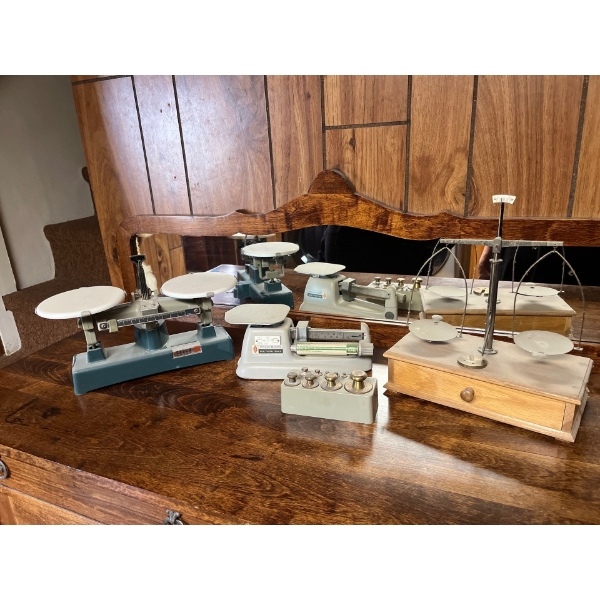  three antique scales by Pitney Brown, 16 ounce postal scale Cenco scale and a two phase hanging sca