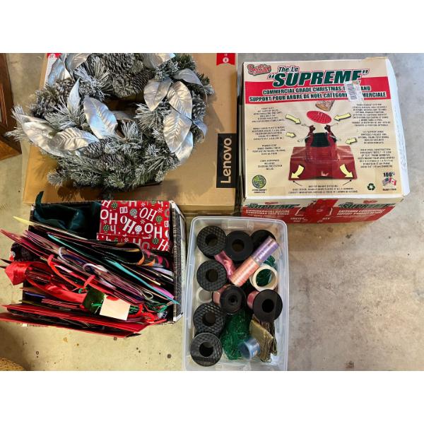 Huge assortment of gift bags, ribbon, Christmas wreath with door hanger and a supreme commercial 