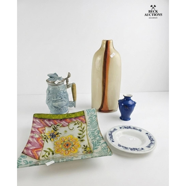 A Lidded Ceramic Beer Stein 8''INCHES H & Tall Glazed Vase 14''INCHES H  A Small Blue Vase & Palte.