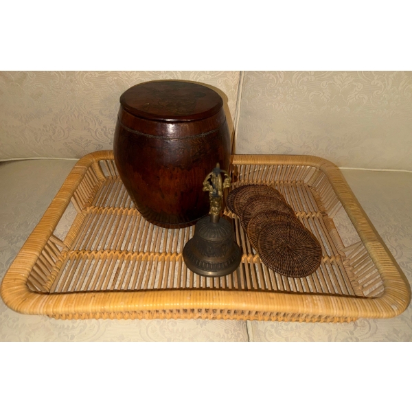 Bamboo Serving Tray Chinese Style Wooden Humidor 10"Tall & Antique Bell