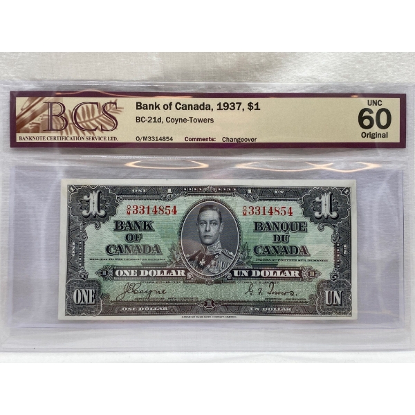 Graded Canadian 1937 $1 UNC Prefix: O/M