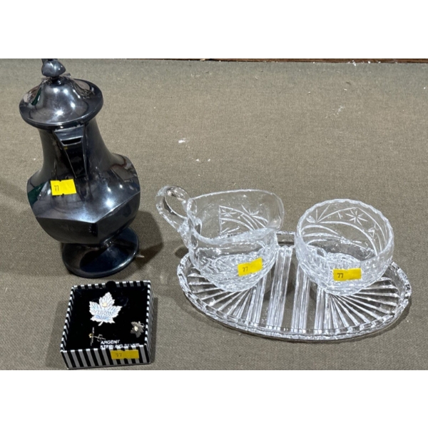 Crystal Glass Set Plus Metal Teapot  and Sterling Canadian Yukon Pins 
