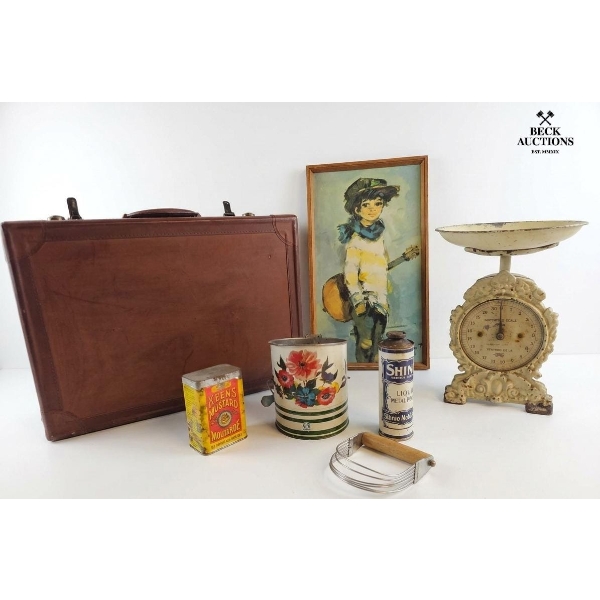 Collection Of vintage Items Including A Brown Leather Suitcase , PRINT , Weighing Scale , AND MORE!
