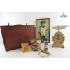 Image 1 : Collection Of vintage Items Including A Brown Leather Suitcase , PRINT , Weighing Scale , AND MORE!