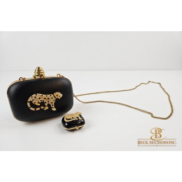  Clutch-Jeweled Box Bag Looks Like Lagerfield Minaudière Panther , With Enamel Matching Pill Box 