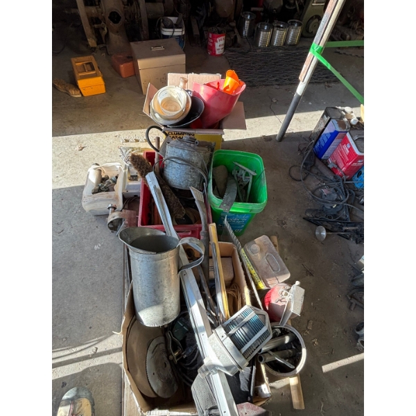 number of miscellaneous items, vintage gas cans, several funnels, vintage milk, jug, and vintage can