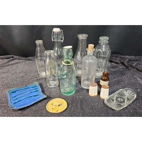 Vintage Array! Milk Bottles, Hand Made Pottery Trays, Vintage Medicine Bottle, Crystal Tray
