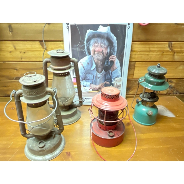 Collection Of Lanterns With Antique Red Railway lantern 