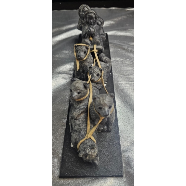 "Wolf Original" Soapstone Composite Sculpture Depicting An Inuit Dog Sled Team 13''INCHES IN W.