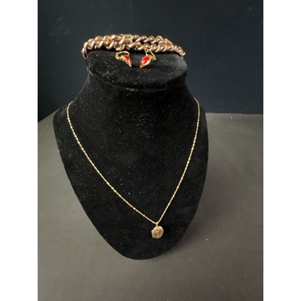 10k Gold Chain with Hand Made Locket, Ladybug earrings and bracelet
