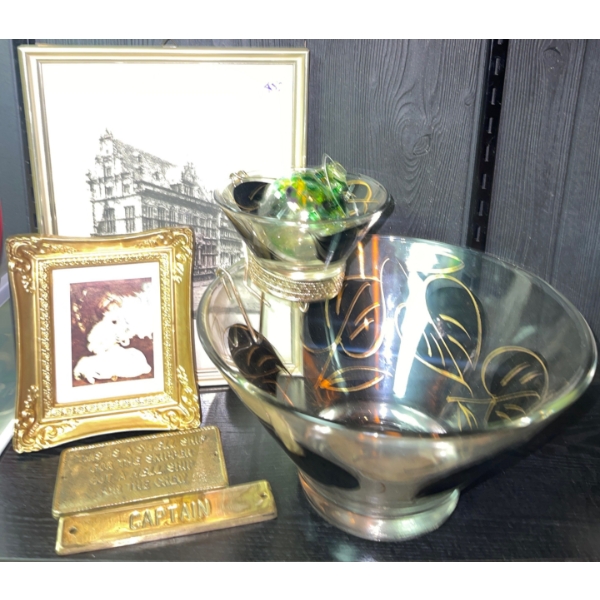 Large Serving Bowl w/ Brass Boat Plaques & Decor