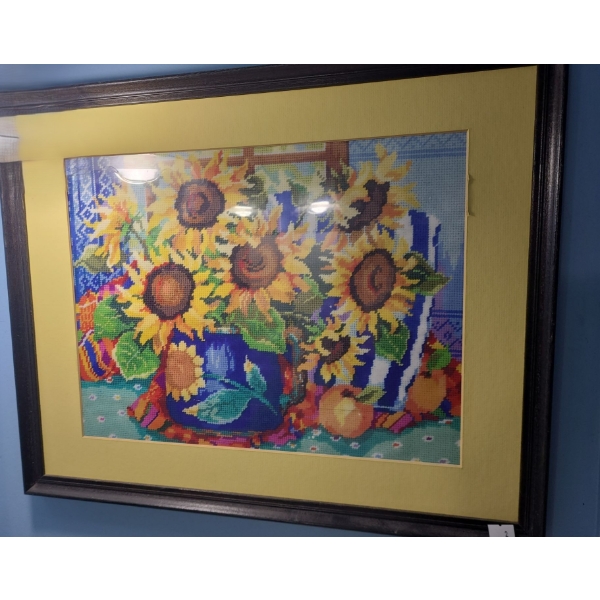 Needlepoint Sunflowers 21 X 17 Framed Under Glass