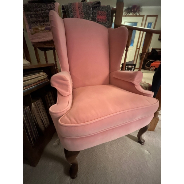Pink velvet high back chair with wood legs in amazing condition