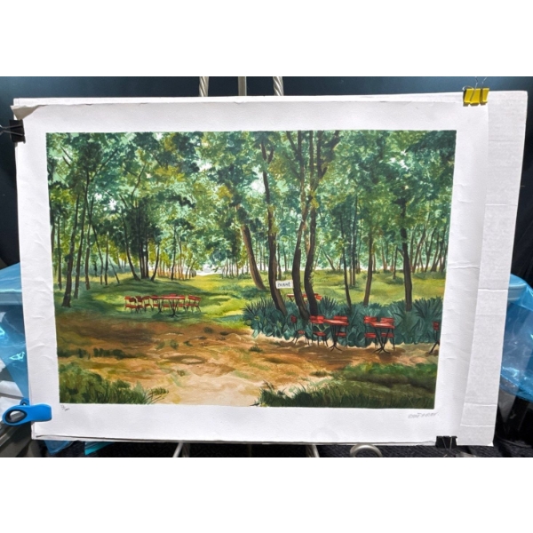 Illegible Signed French Forest Watercolour Print 24.5Wx17.5H