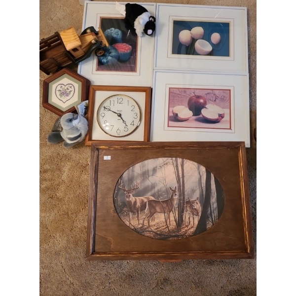 Deer Box 14 W, 14 D, 5 T, Kitchen Pics 11 X 14, 14 X 11, Tempo Time Clock 9 X 9, Embroidery 6.5 X 7