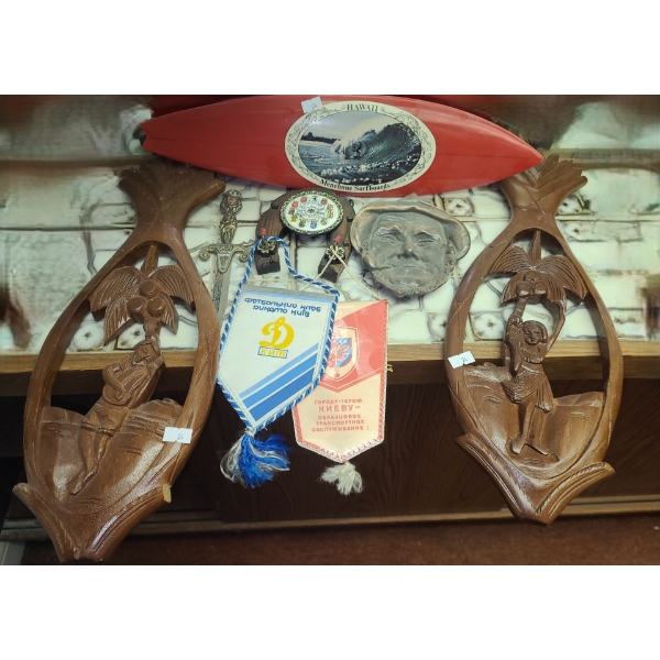 Pair of Carvings w/ Pinapple Frame 7 X 18, Mini Plastic Surfboard 18 x 5 and More!