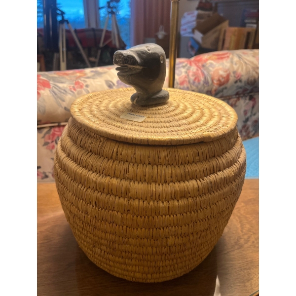 Antique Hand woven wicker basket with hand carved seal, carving ID number 921-1484 