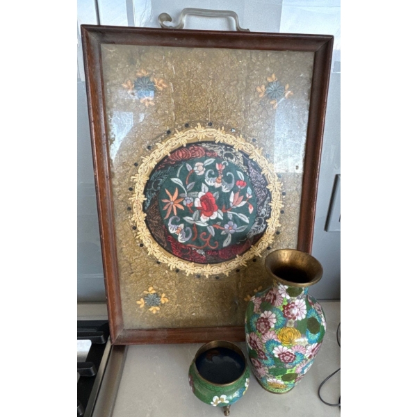 Gorgeous Cloisonne Vase & Footed Candy Dish w/ Asian Needlecraft Wall Emblem 16L