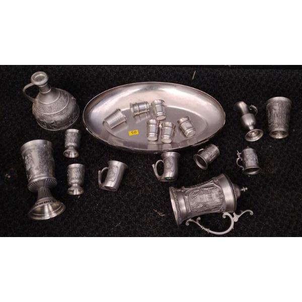 Assorted Pewter Collection German Beer Stein Shot Glasses & More