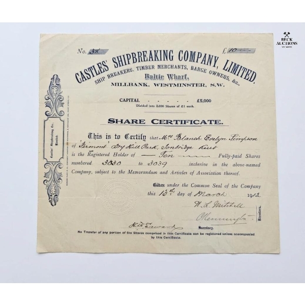Vintage Stock Certificate From The Castles Shipbreaking Company, Limited, Based In Millbank.