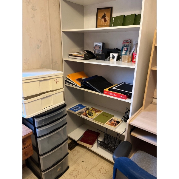 Contents of office, including desks shelving units everything in the shelving units, and a number of