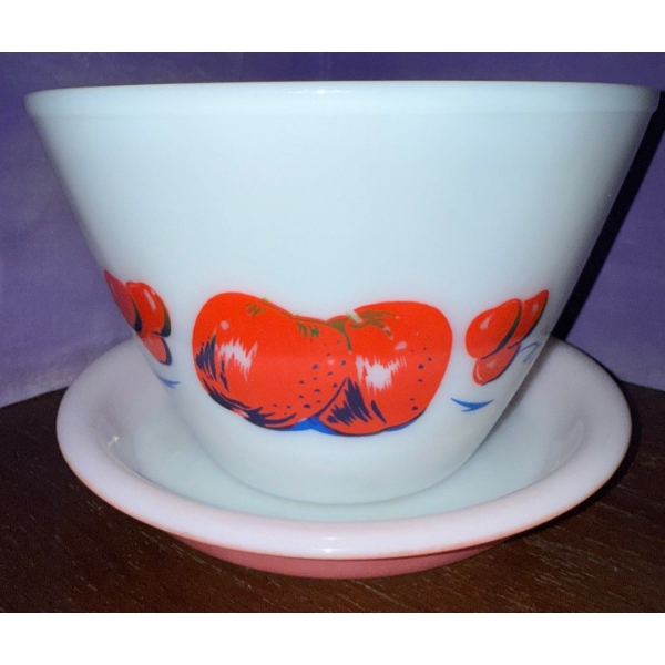 Vintage Fire King "Apples & Cherries" Milk Glass Bowl w/ Pyrex Pie Plate Splsh Proof