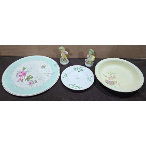 Antique Serving Bowl & Plate + Dublin Clover Tea Saucer + 2 Antique Hummels Boy + Girl