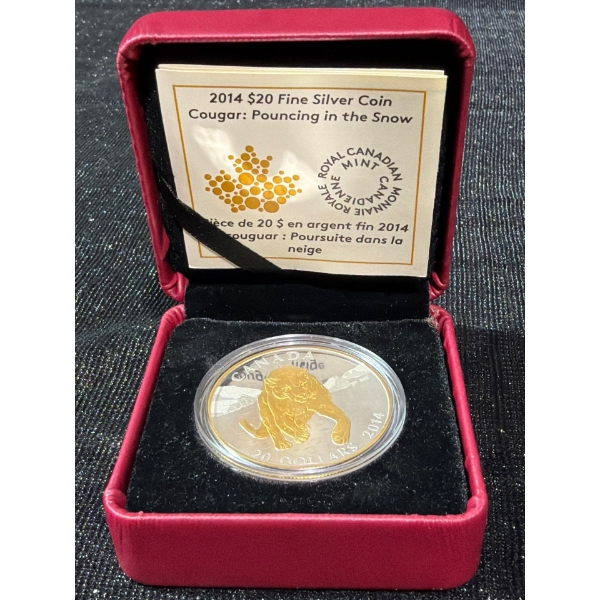 2014 $20 Fine Silver Coin Cougar: Pouncing in the Snow 31.39 Grams