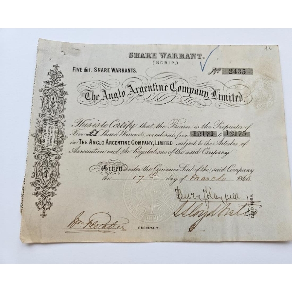 Original Share Warrant (Scrip) Issued By The Anglo Argentine Company, Limited On March 17, 1868.
