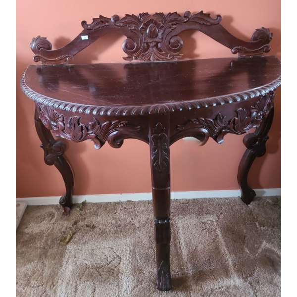 Mahogany Finish Table w/ Carved Details 36 W, 17 D, 34 T